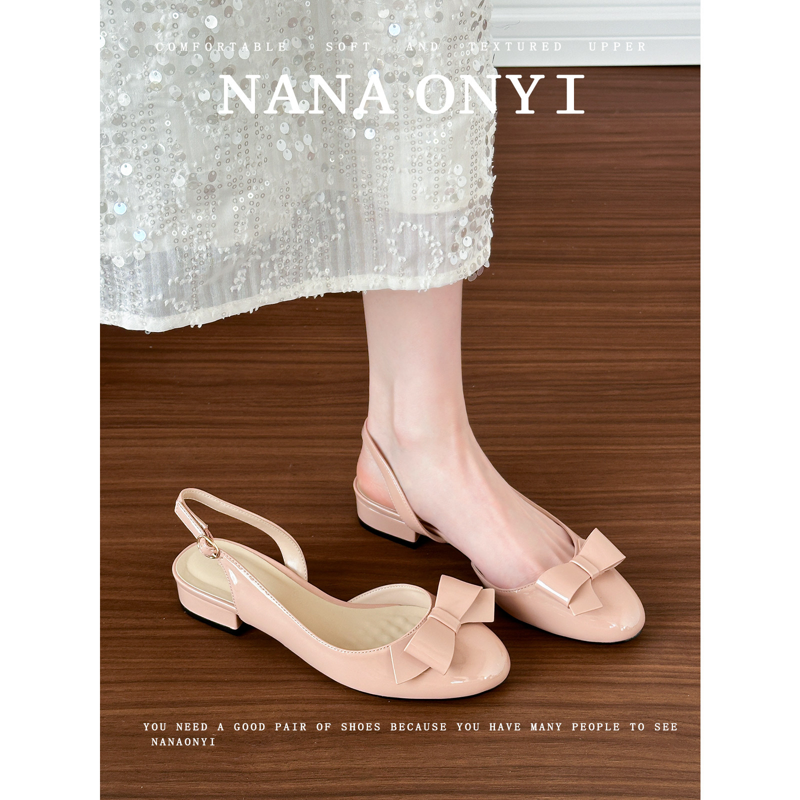 羊皮版~法式蝴蝶结包头凉鞋女夏2026新款外穿粗跟裸色单鞋高跟鞋
