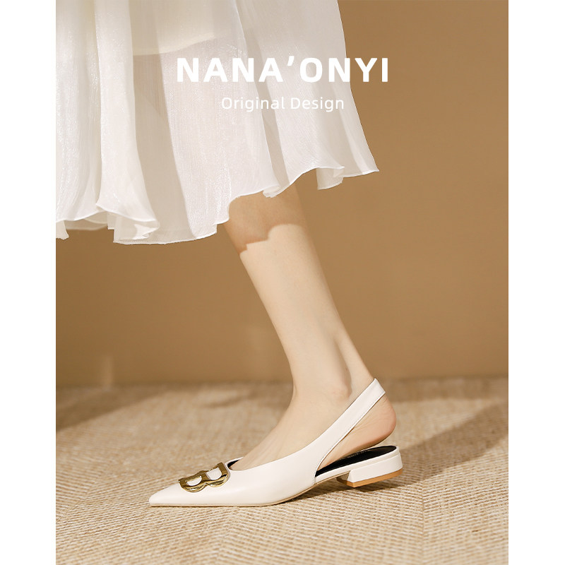 羊皮版~包头凉鞋女2025新款夏季外穿配裙子软底粗跟尖头平底鞋子