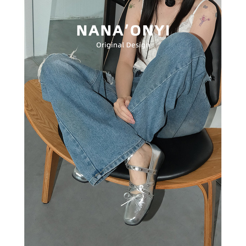 羊皮版~小单鞋女2025新款春夏蝴蝶结真皮复古浅口铆钉芭蕾平底鞋