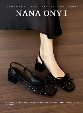 辣辣」羊皮版~包头凉鞋女夏2026新款蝴蝶结不累脚单鞋粗跟高跟鞋