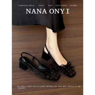 辣辣」羊皮版~包头凉鞋女夏2026新款蝴蝶结不累脚单鞋粗跟高跟鞋