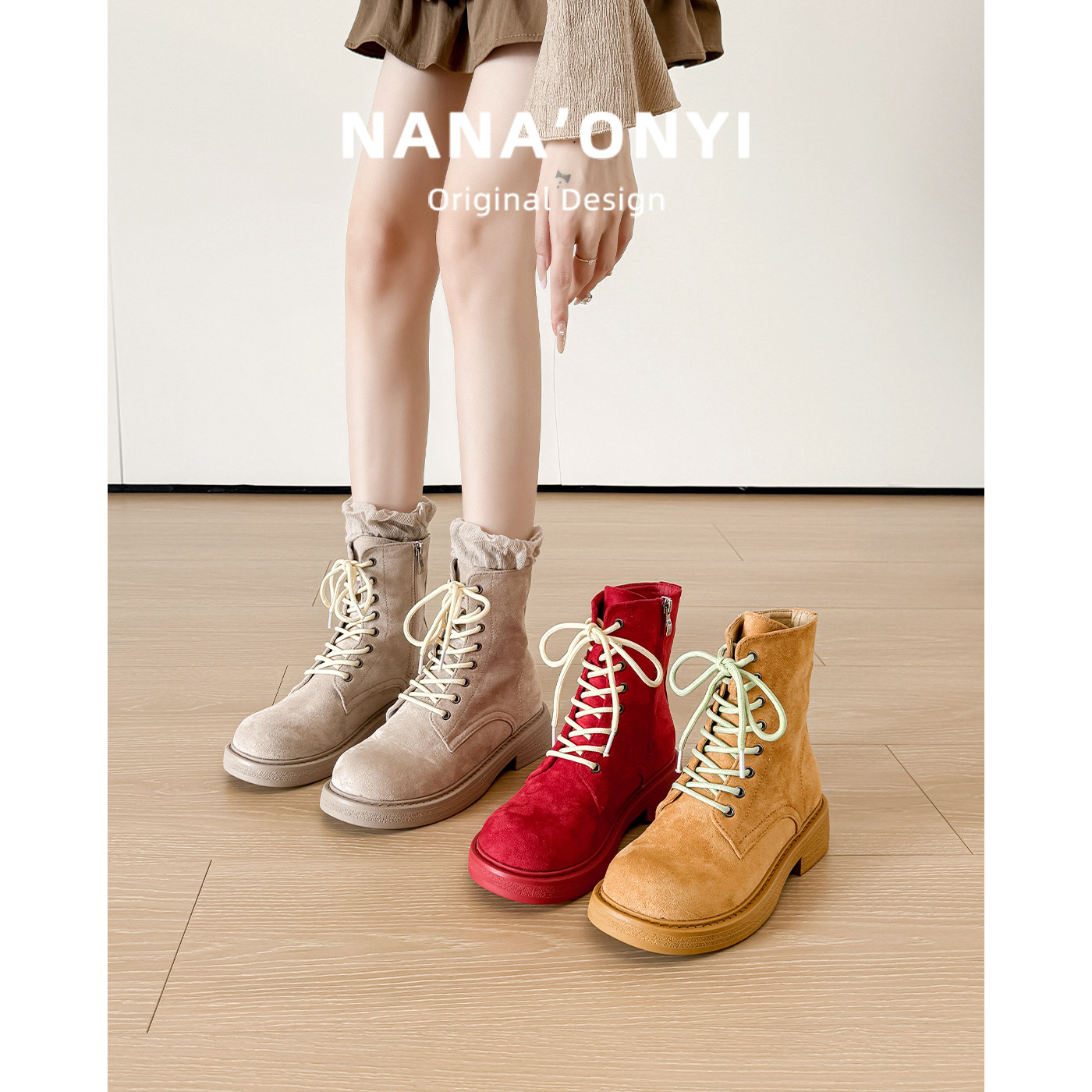 羊皮版~厚底马丁靴女2025新款英伦风圆头粗跟短靴系带靴子机车靴