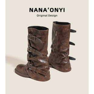 真皮棕色靴子2025新款 管长筒靴女骑士靴 美拉德厚底西部靴堆堆靴裤