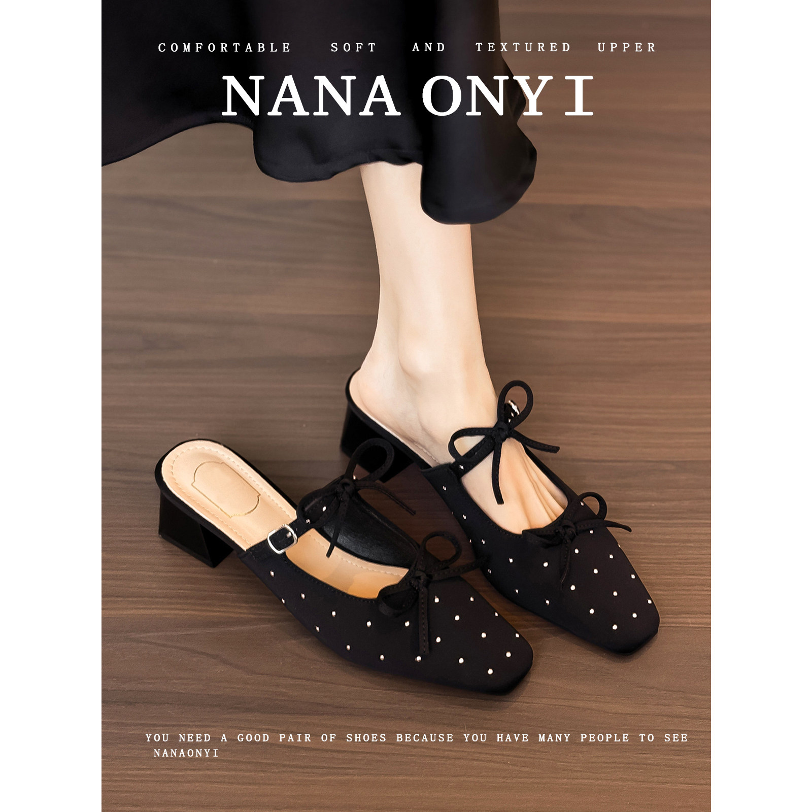 羊皮版~方头穆勒鞋包头凉拖鞋女夏外穿粗跟半拖蝴蝶结黑色高跟鞋