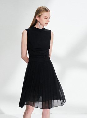 cantomotto 雾道2023春季新款气质黑色显瘦无袖收腰百褶连衣裙