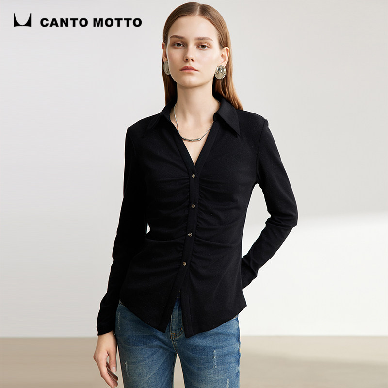 cantomotto秋季上新收褶设计弹力棉针织衬衫