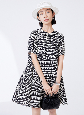 【宽松短款A版】新款夏季高级感几何圆领印花裙子连衣裙