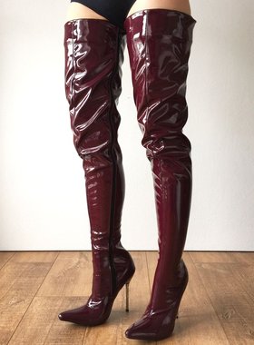 欧美超高跟春秋深啡细跟尖头金属跟漆皮镜面PU过膝靴长靴 A00XKF