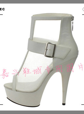 性感白色超高跟亚光配网纱15厘米烤漆防水台高跟凉鞋 CLX0