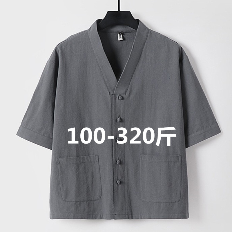 300斤超大号宽松亚麻半袖V领衬衫
