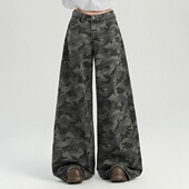 酷帅街头长裤 美式 子 女春季 复古高腰直筒裤 高街工装 阔腿迷彩牛仔裤