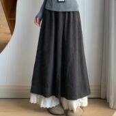 显瘦休闲蕾丝拼接阔腿裤 深灰色糯米裤 裙女秋冬梨形身材大码 假两件