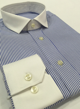 【Taylor Tailor】衬衫定制 蓝色条纹全棉商务长袖衬衣 领袖白色
