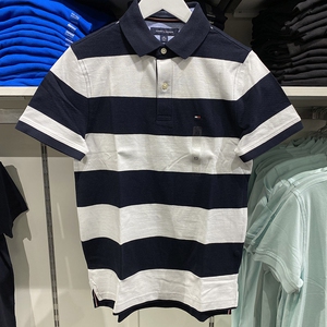 正品代购TOMMY汤米男装短袖T恤珠地棉翻领POLO衫休闲条纹纯棉半袖