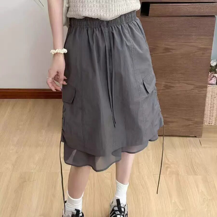 夏季新款韩系半身裙女宽松百搭洋气拼蕾丝拼接显瘦高腰薄款中裙潮