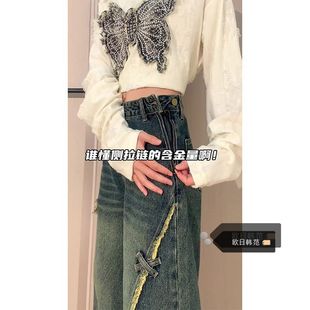 女秋季 大碼 復(fù)古側(cè)邊拉鏈毛邊直筒牛仔褲 蝴蝶貼寬松闊腿長褲 美式 潮