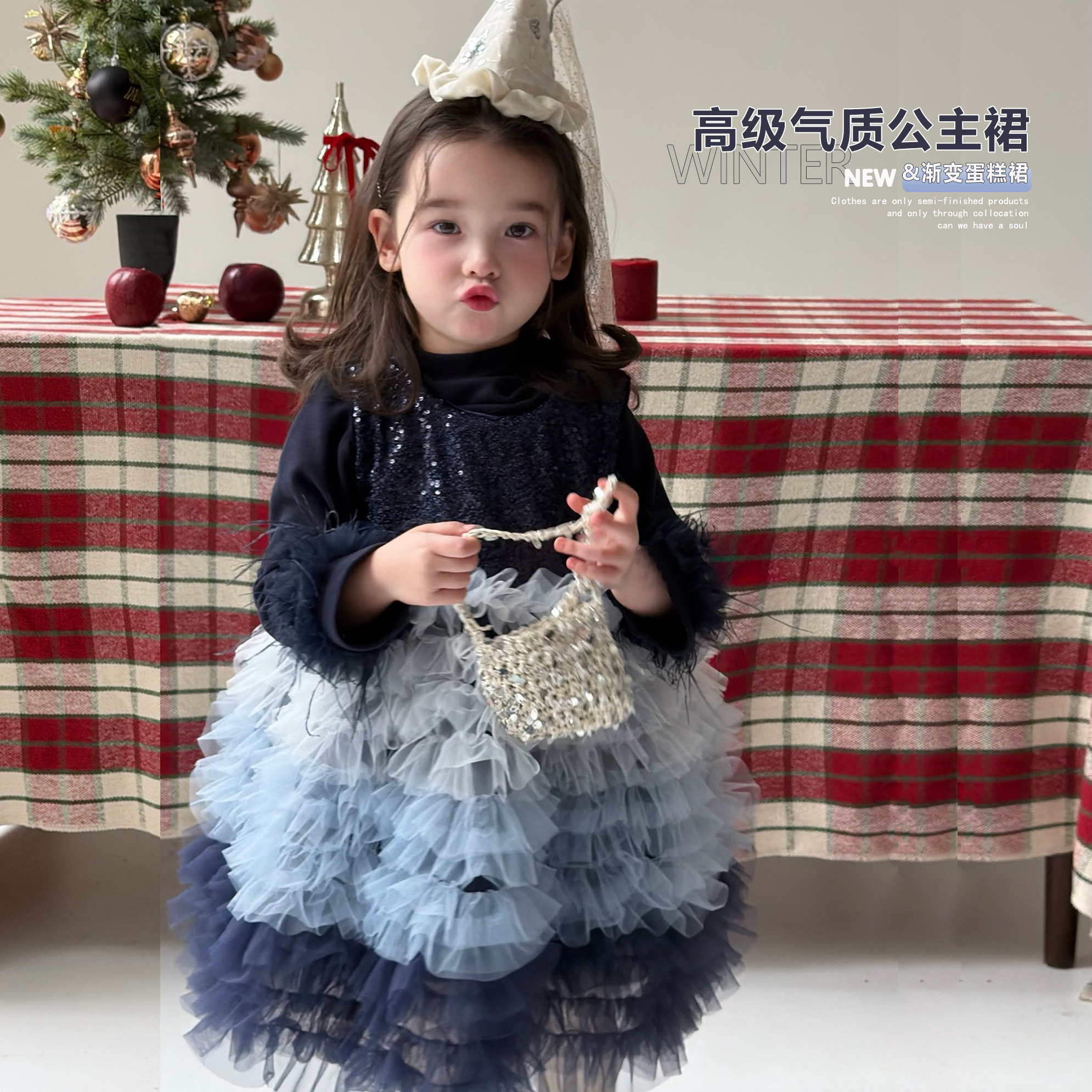 可乐童装高级感气质公主裙2025秋冬加绒连衣裙女宝宝生日渐变礼服