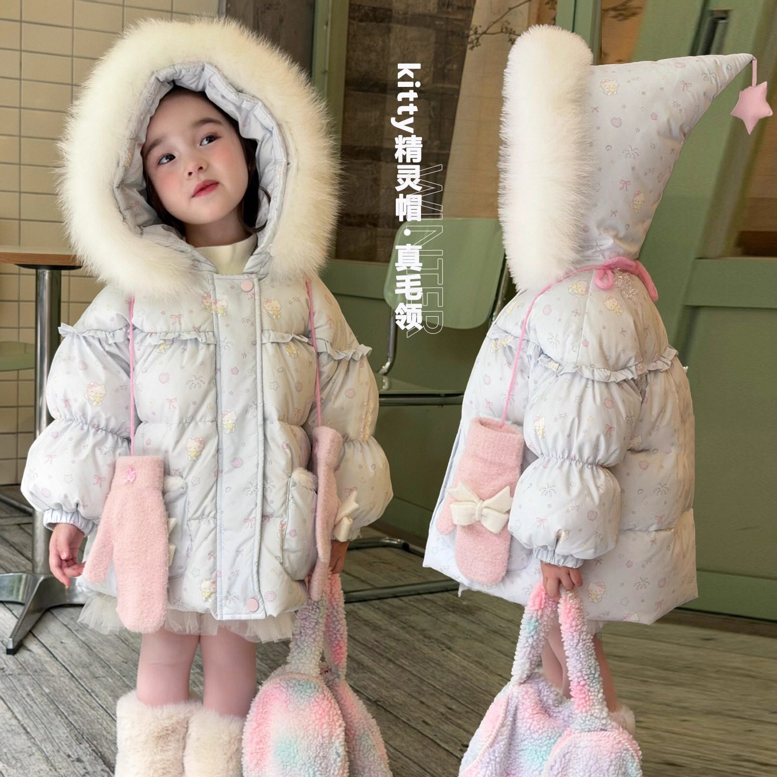 女童精灵帽羽绒服kitty满印女宝宝冬装90鸭绒加厚保暖中长款外套,童装/婴儿装/亲子装,羽绒服,淘宝优惠券,粉丝福利购,淘宝优惠卷