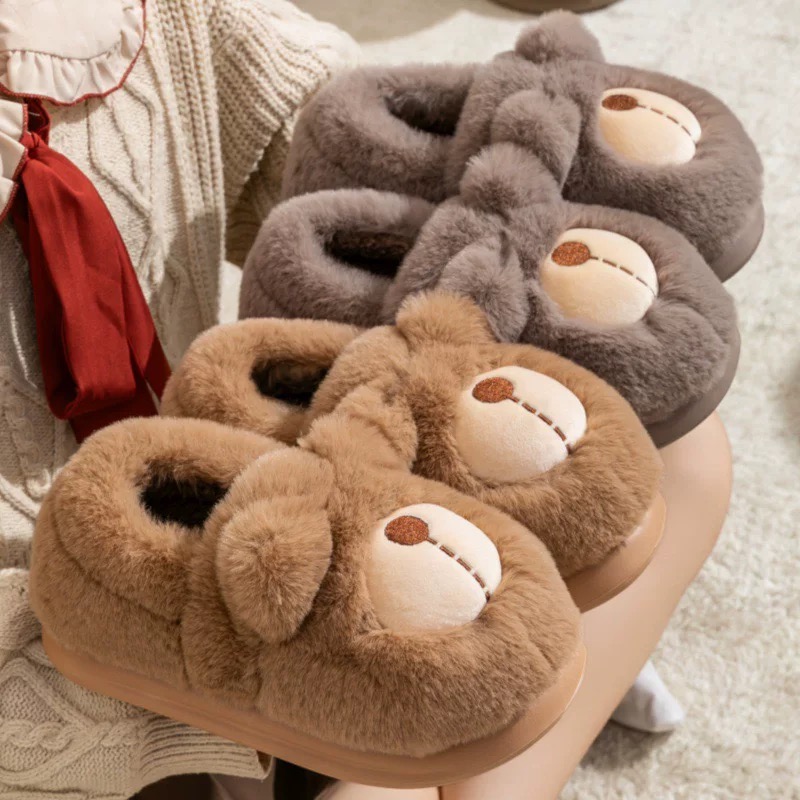 新款秋冬季居家棉拖鞋卡通小熊毛绒厚底可外穿可爱毛毛包跟棉鞋