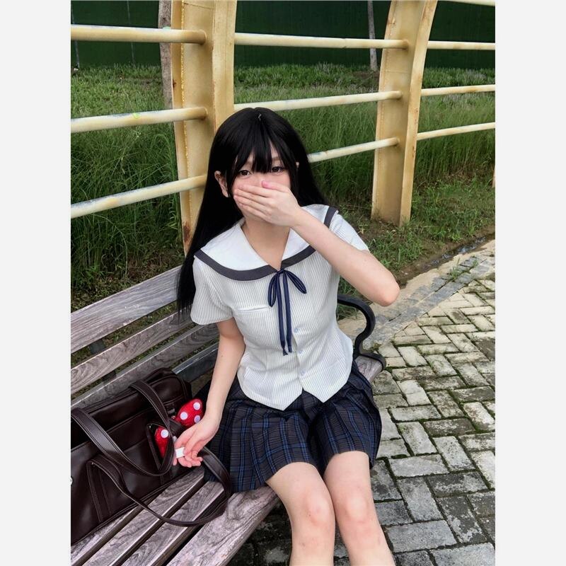 新款夏季条纹衬衫清新百褶裙短裙学生校服
