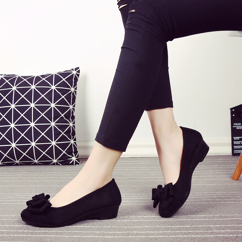 春秋老北京布鞋女鞋黑色工装鞋蝴蝶结跳舞单鞋中跟坡跟舒适工作鞋