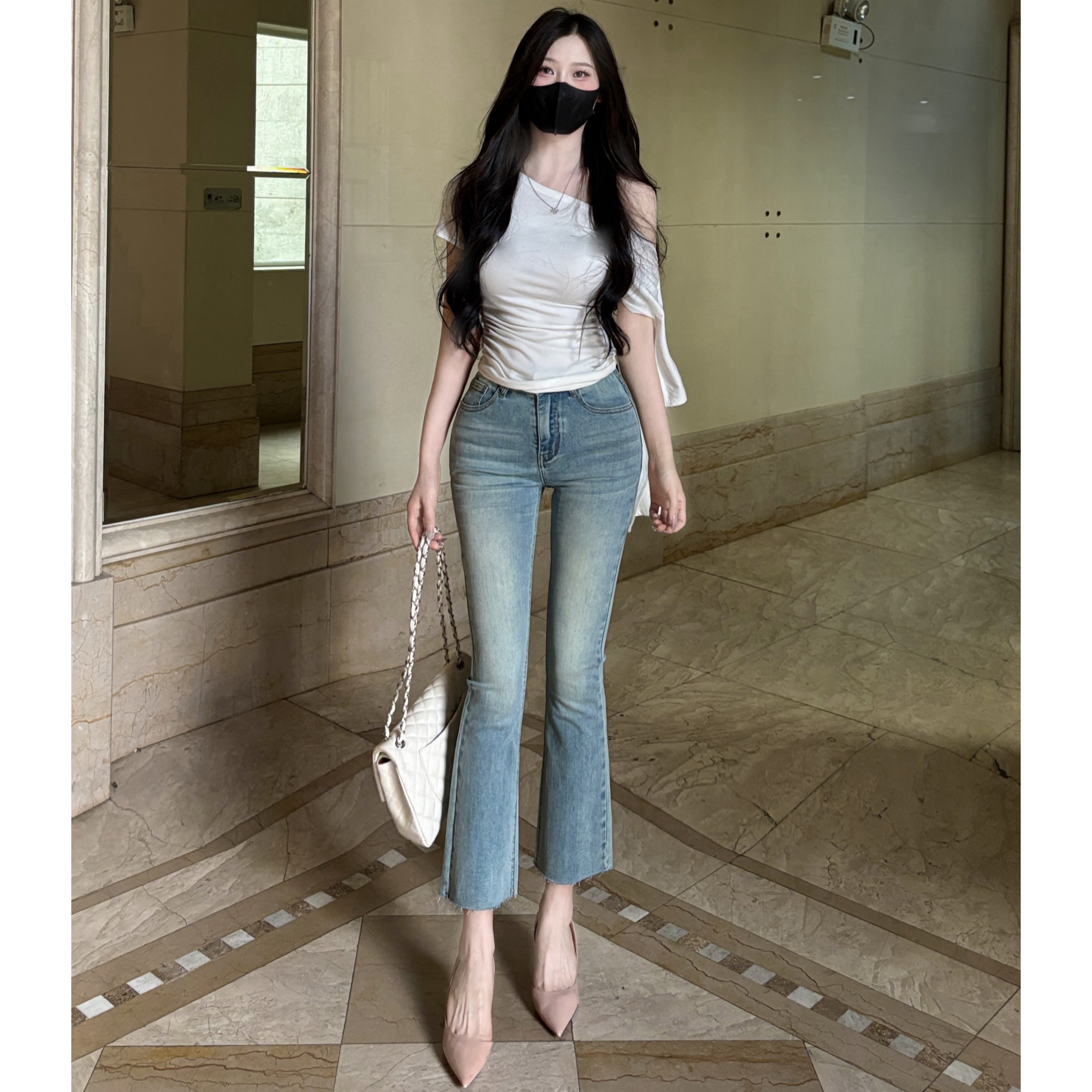 丰胯细腰~九分微喇叭裤巨显腿直独特水洗小个子穿搭丰胯牛仔裤