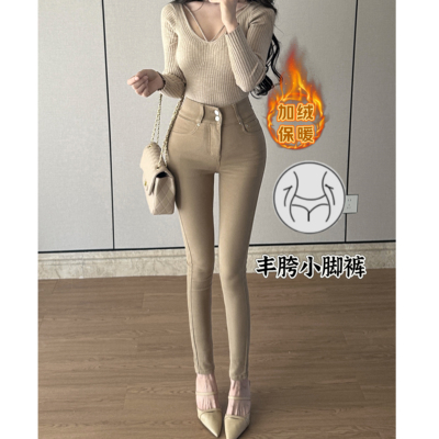 掐腰丰胯~御姐老钱风卡其色咖色修身九分裤小脚裤高腰弹力牛仔裤