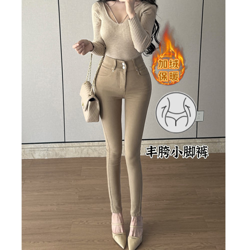 掐腰丰胯~御姐老钱风卡其色咖色修身九分裤小脚裤高腰弹力牛仔裤