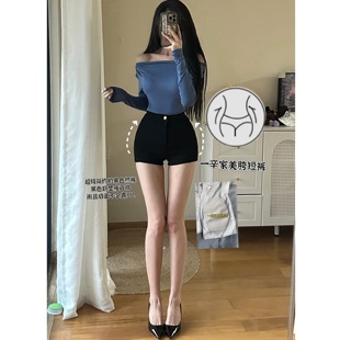 自带丰胯垫~超模定制韩漫黑色性感提臀修身热裤丰胯牛仔短裤