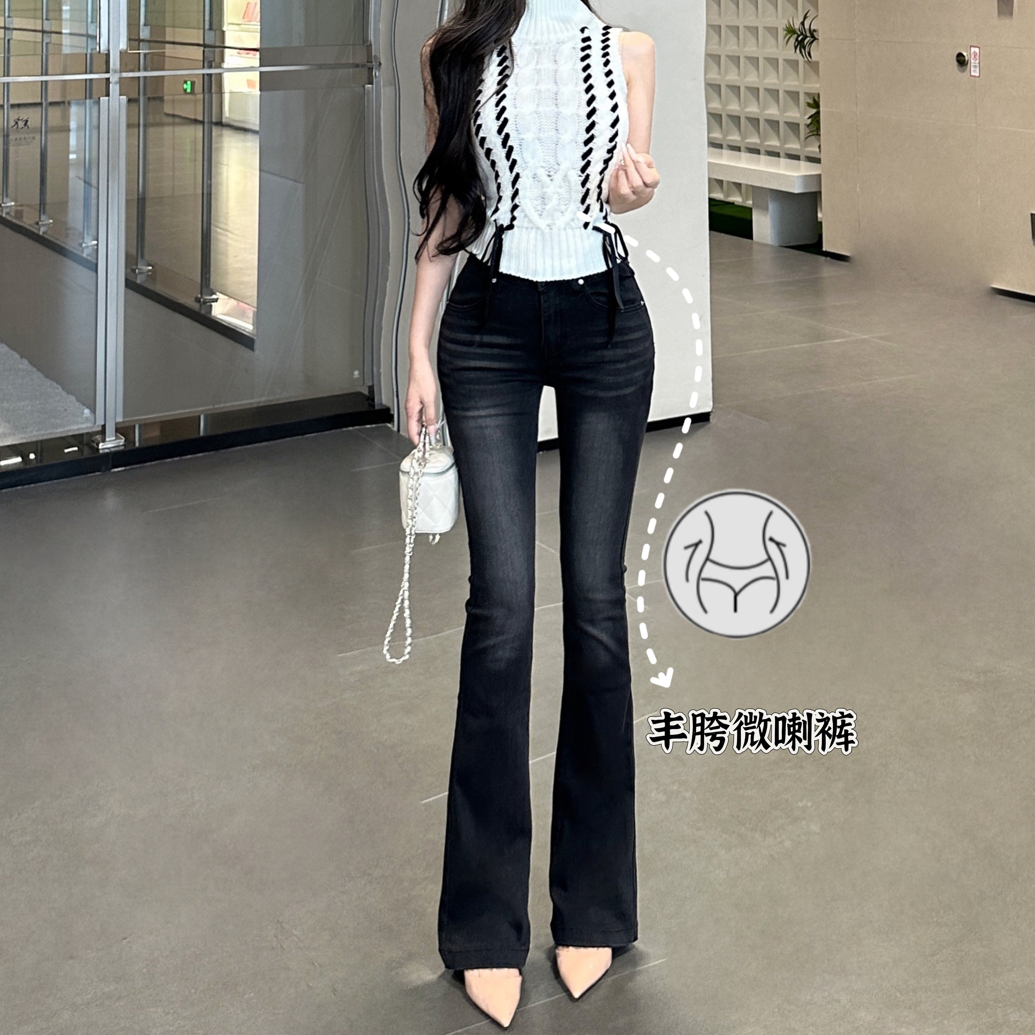 自带丰胯垫~显瘦大长腿高腰灰黑色微喇叭裤修身弹力软牛仔裤长裤