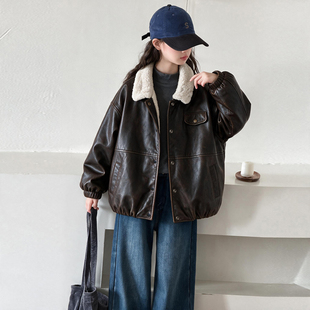 女大童韩版时尚羊羔毛翻领PU皮衣女孩加厚防风夹克外套棉服秋冬装