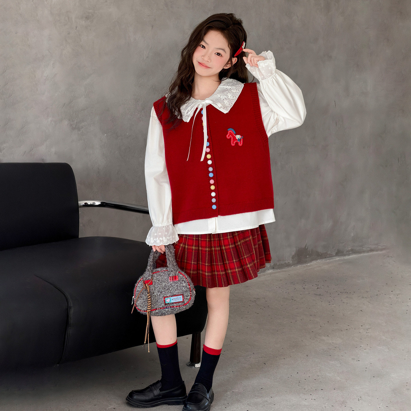 女童学院风针织马甲百褶裙套装2026春装新款女大儿童三件套洋气。,童装/婴儿装/亲子装,套装,淘宝优惠券,粉丝福利购,淘宝优惠卷