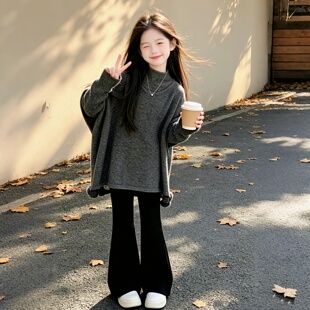 女大童慵懒风蝙蝠袖针织衫两件套女孩宽松加厚今年流行毛衣秋冬装