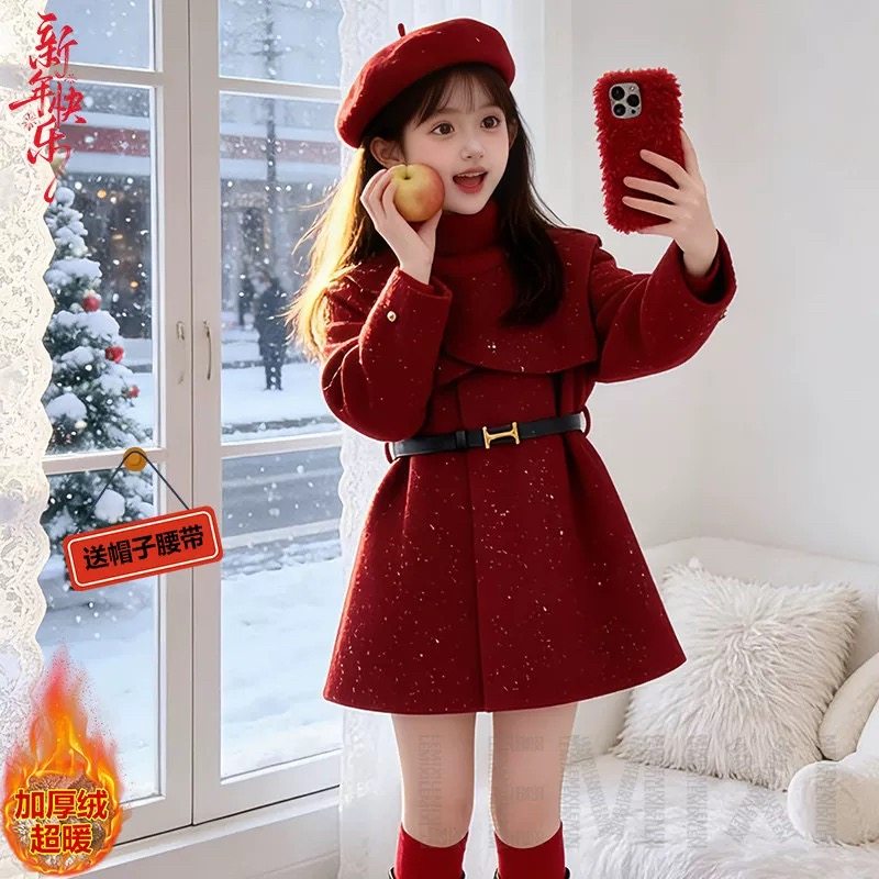 女童红色呢子大衣冬季加绒加厚洋气收腰中长款拜年服外套女大儿童