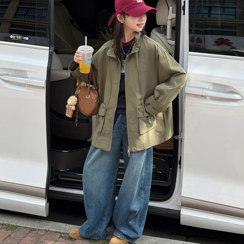 女大童军绿色风衣2026春秋新款女孩宽松休闲外套初中生慵懒风韩系