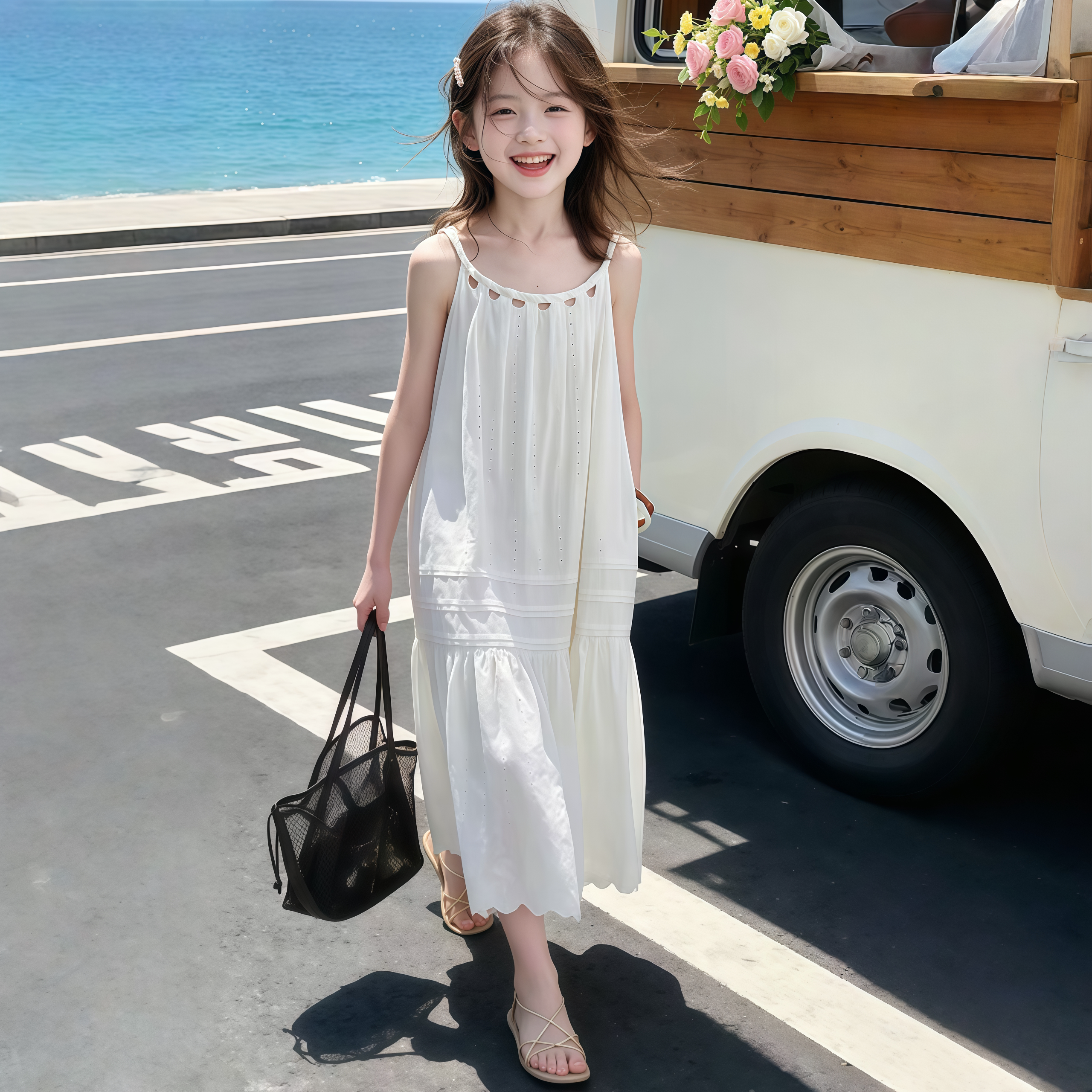 女童法式度假镂空吊带长裙夏季图片
