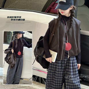 女童皮衣马甲套装2026春秋新款儿童洋气中大童休闲打底衫潮三件套