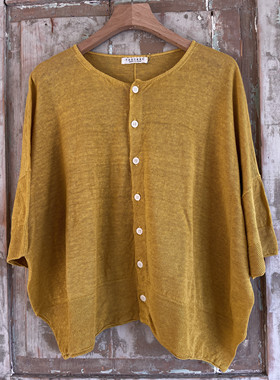 现货Factory日本小众设计亚麻姜黄色短袖蝙蝠袖开衫