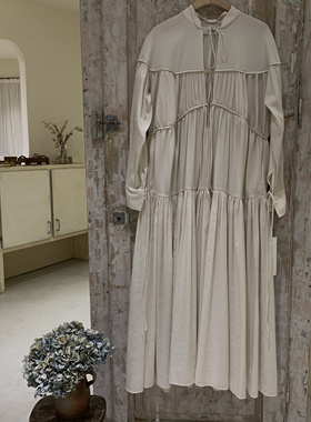 现货日本SIIILON度假风法式长袖连衣裙大摆裙