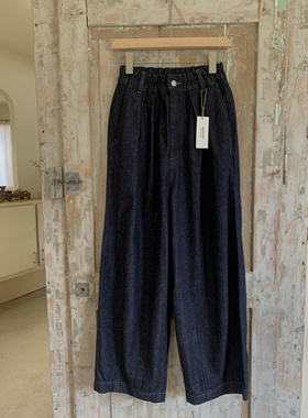 现货HARVESTY日本小众设计复古文艺宽松束脚藏青色牛仔裤