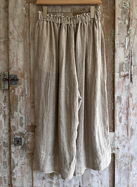 现货Factory日本小众设计亚麻米色条纹裤子