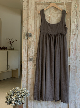 现货Jammer复古文艺时尚休闲前后两穿亚麻灰棕色背心马甲裙