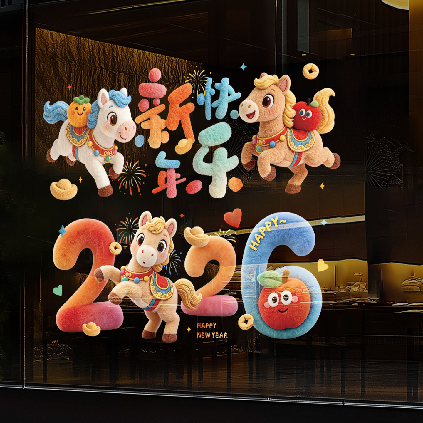 卡通创意静电贴家用橱窗玻璃新年快乐装饰品2026马年过年春节布置,节庆用品/礼品,福字/窗花/窗贴,淘宝优惠券,粉丝福利购,淘宝优惠卷