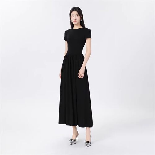 哥家商场同款女装2026夏新款优雅收腰显瘦中长款短袖连衣裙850001