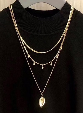 季阿玛施新颖金色树叶吊坠镶钻珍珠链条项链三条组合T恤衬衣项链