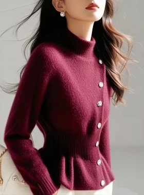 哥家商场同款毛衣女秋冬独特漂亮高领羊毛衫气质高端掐腰针织衫