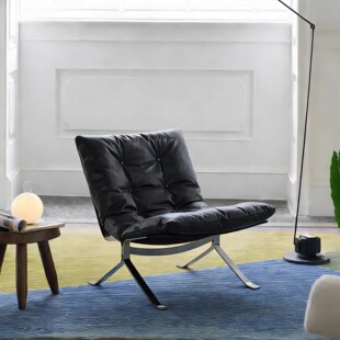 包豪斯风格 进口牛皮客厅单人高背沙发椅 欧姆不锈钢休闲椅设计师款