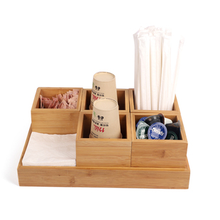 吧台竹收纳盒 咖啡奶茶连锁商用纸杯吸管自由搭配奶油球糖包定制