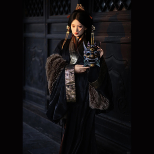 古风清冷系演出服套装 黑色战国袍汉服2025新款 衫 直据交领大袖 古装