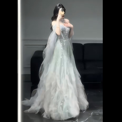 一字肩晚礼服高端轻奢生日连衣裙